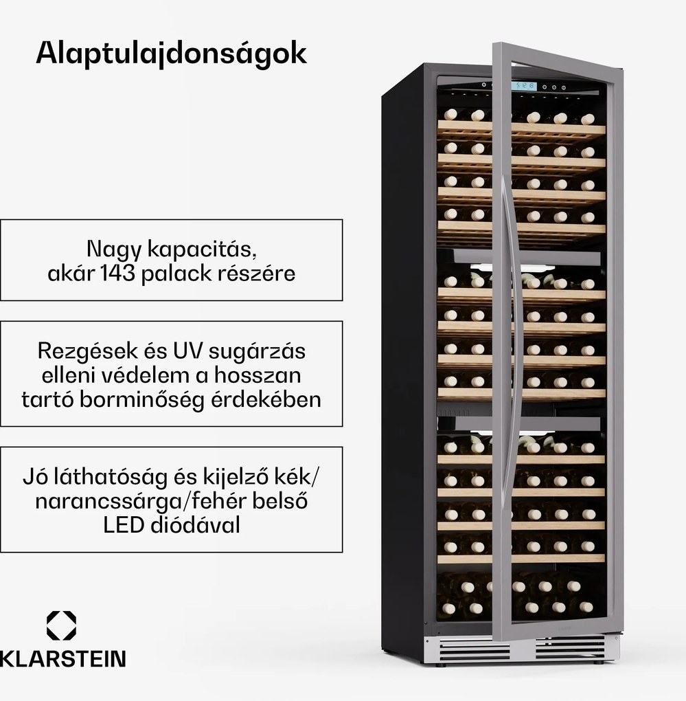 Klarstein Vinovilla Trio borhűtő, 143 palack, 3 zóna, 38 dB, 12 polc, kompresszor, 413 liter