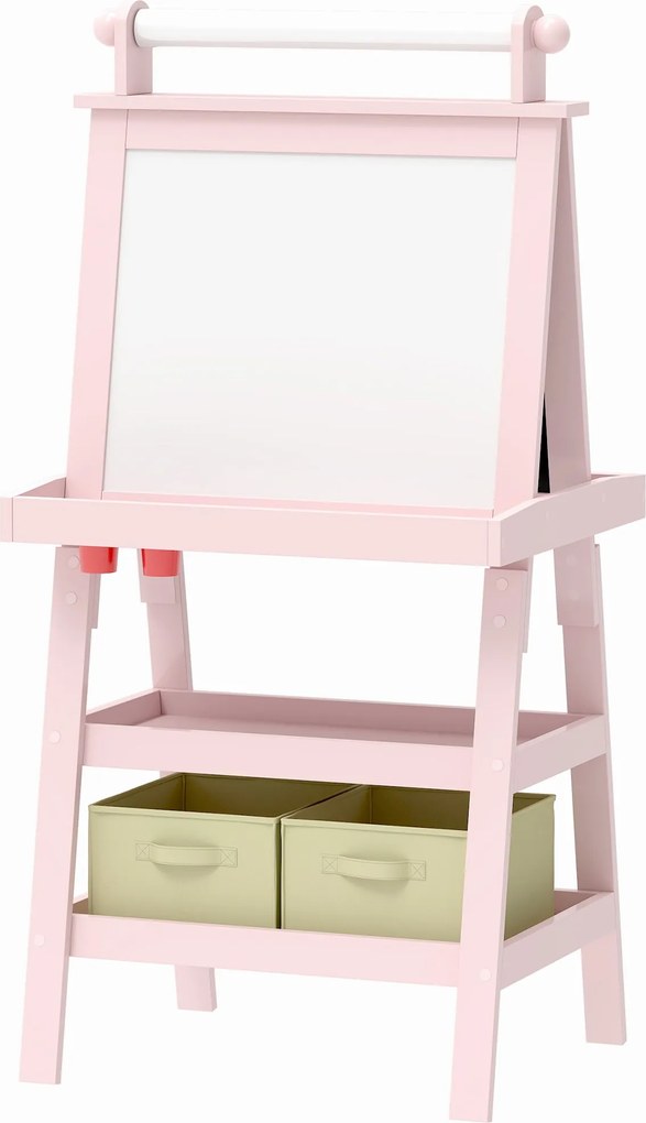 AIYAPLAY Gyermekrajzoló Állvány 3 az 1-ben, Kétoldalas Mágneses Gyermek Fekete Tábla Festő Állvány Papírtekercssel és Tároló Kosarak 59x48x118 cm Rózs