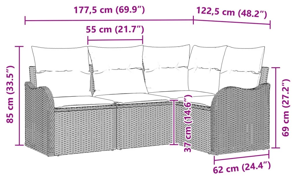 4 darabos kerti kanapé szett párnával, szürke poli rattan