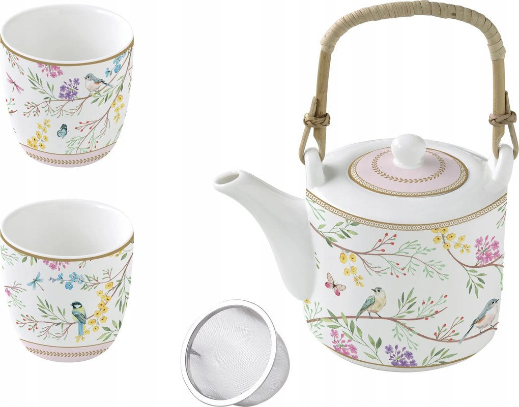 Vízforraló 600ml befőzővel 2 csésze virág motívum színes szett fehér