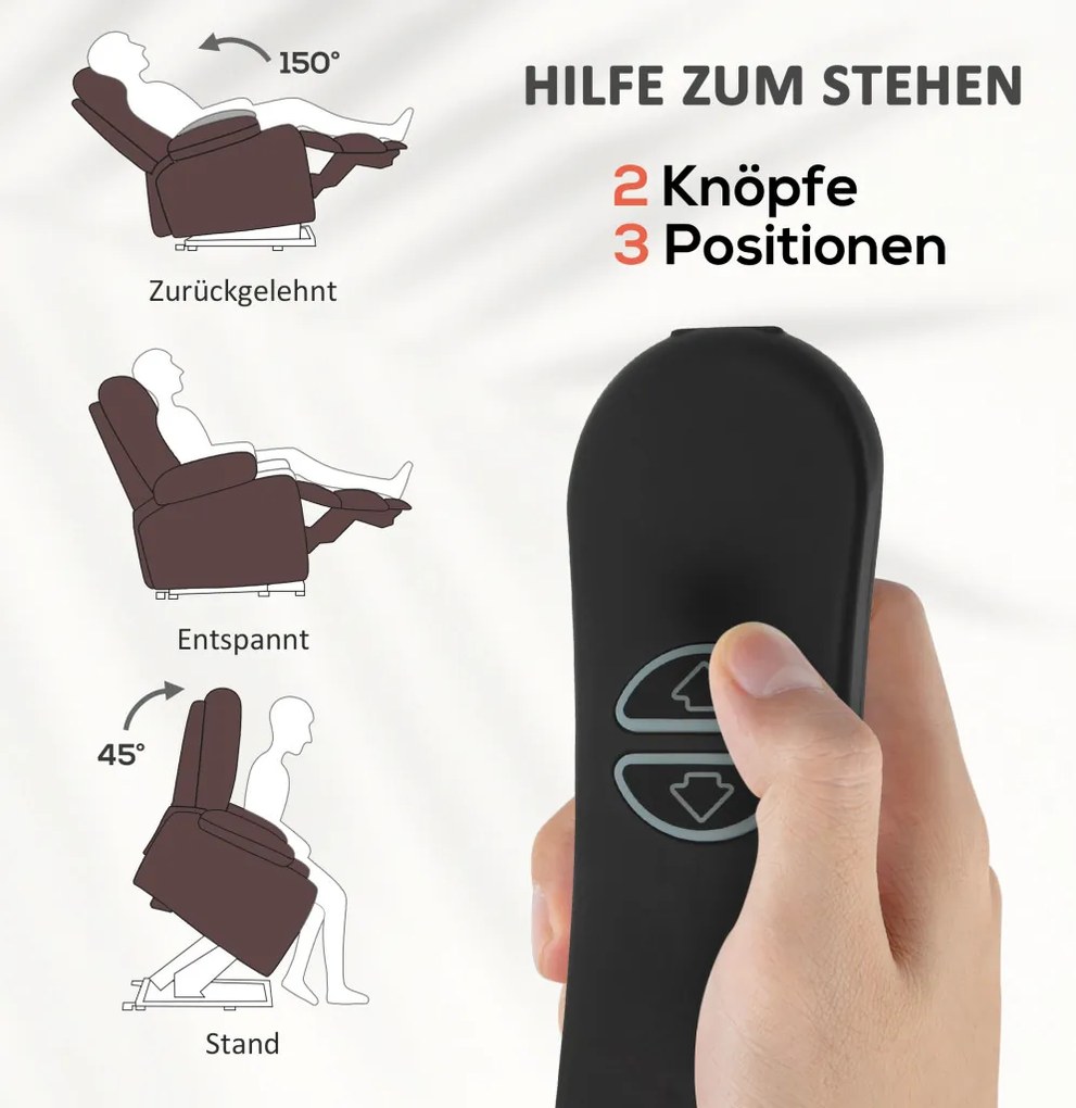 HOMCOM Masszázsfotel emelő és derékfűtéssel, dönthető fotel távirányítóval és oldalsó zsebekkel, barna