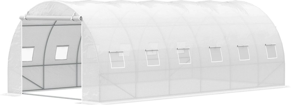 Outsunny 6x3x2 m Tünel Üvegház Kert Roll-Up Ajtóval 12 Hálós Ablakkal PE 140 g/m² és Horganyzott Fém a Növények és Zöldségek Termesztéséhez Fehér | Ao
