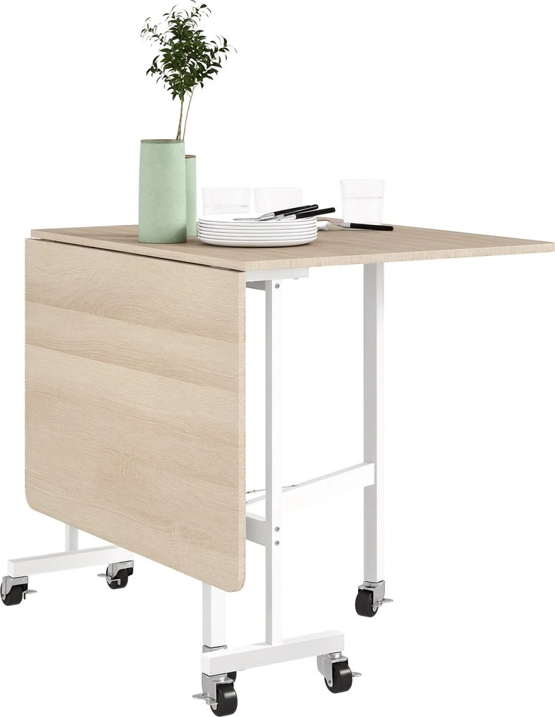 HOMCOM Összecsukható Étkezőasztal 4-6 Fő Részére Kerekekkel és Felhajtható Oldalú Összecsukható Asztal Konyhába és Nappaliba 120x80x73 cm Tölgy | Aoso
