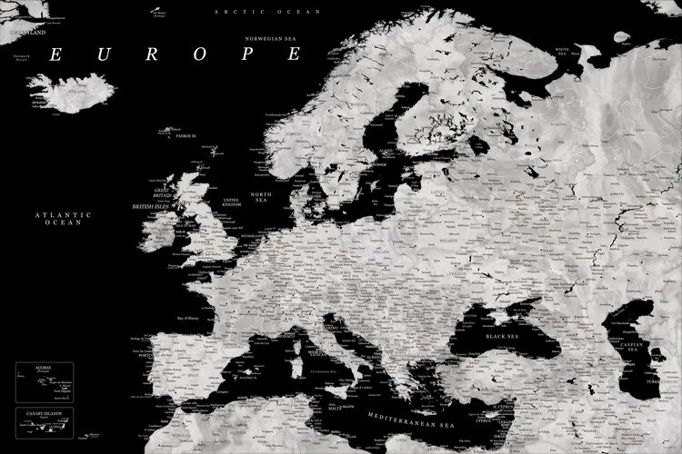 Térkép Black and grey detailed map of Europe in watercolor, Blursbyai