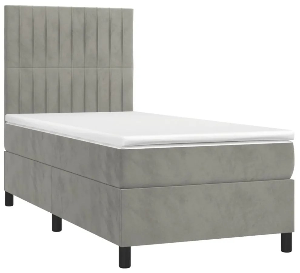 világosszürke bársony rugós és LED-es ágy matraccal 90x200 cm
