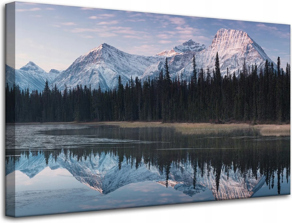 Vászonkép Tópart Víz Erdők Hó hegyek 80x50 cm