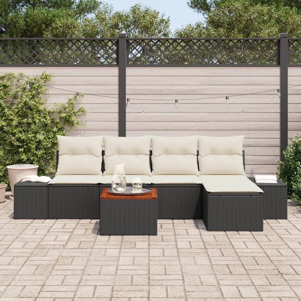 6 Részes Kerti Sofa Szett Párnákkal Fekete Poli Rattan Akácia