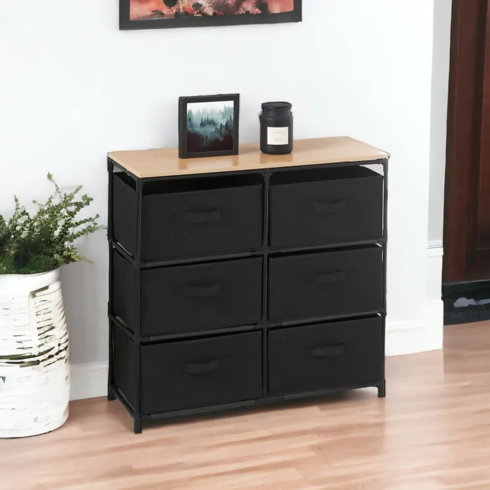 KÉSZLETKISÖPRÉS! Intenso Home komód 6db szövet fiókkal 76x68cm | Fekete - arany tölgy vászonfiókos tároló