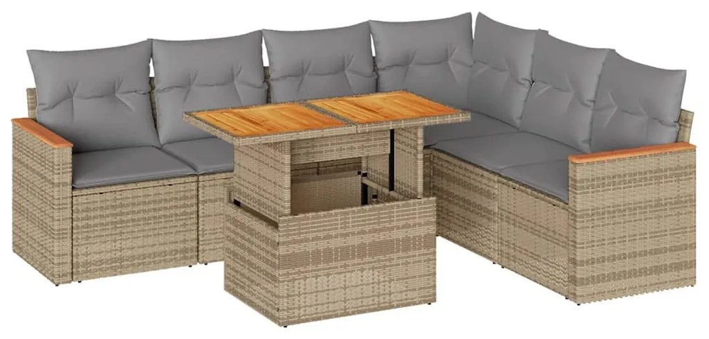 7 részes bézs polyrattan akácfa kerti ülőgarnitúra párnákkal