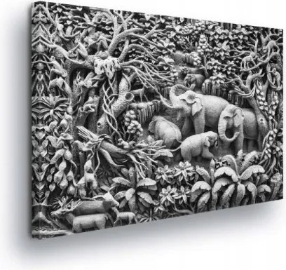 Vászonkép 100x75 Dzsungel dombormű fa szobor elefántok trópusok textúra