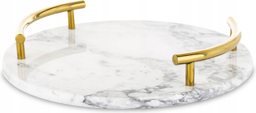 Tányér tálca patera kerek 25cm márvány szürke fehér arany fogantyú