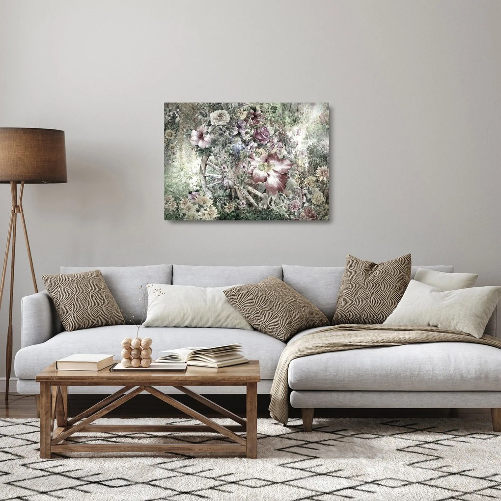 Virágok képe egy fából készült kerékpáron (üvegen) (70x50 cm)