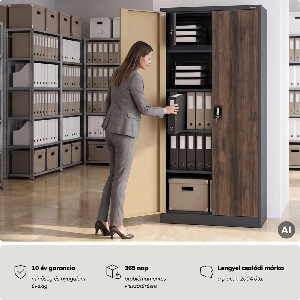 Fém szekrény tárolórekesszel, antracit/dió, 900x1850x450 mm: TOMASZ Eco Design