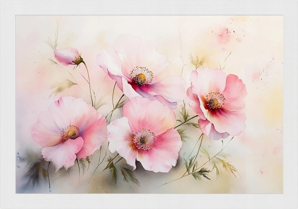 Poszter Keret Fa Akvarell Természet Rózsaszín Mezei Virágok Pipacsok 60x40