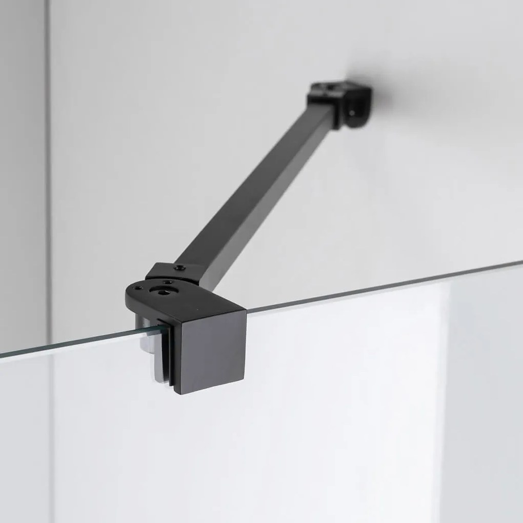 Stuxi Eco Black Walk-in zuhanyfal, 110x195 cm, 6 mm vastag vízlepergető biztonsági üveggel, 195 cm magas, helytakarékos sarok stabilizátorral