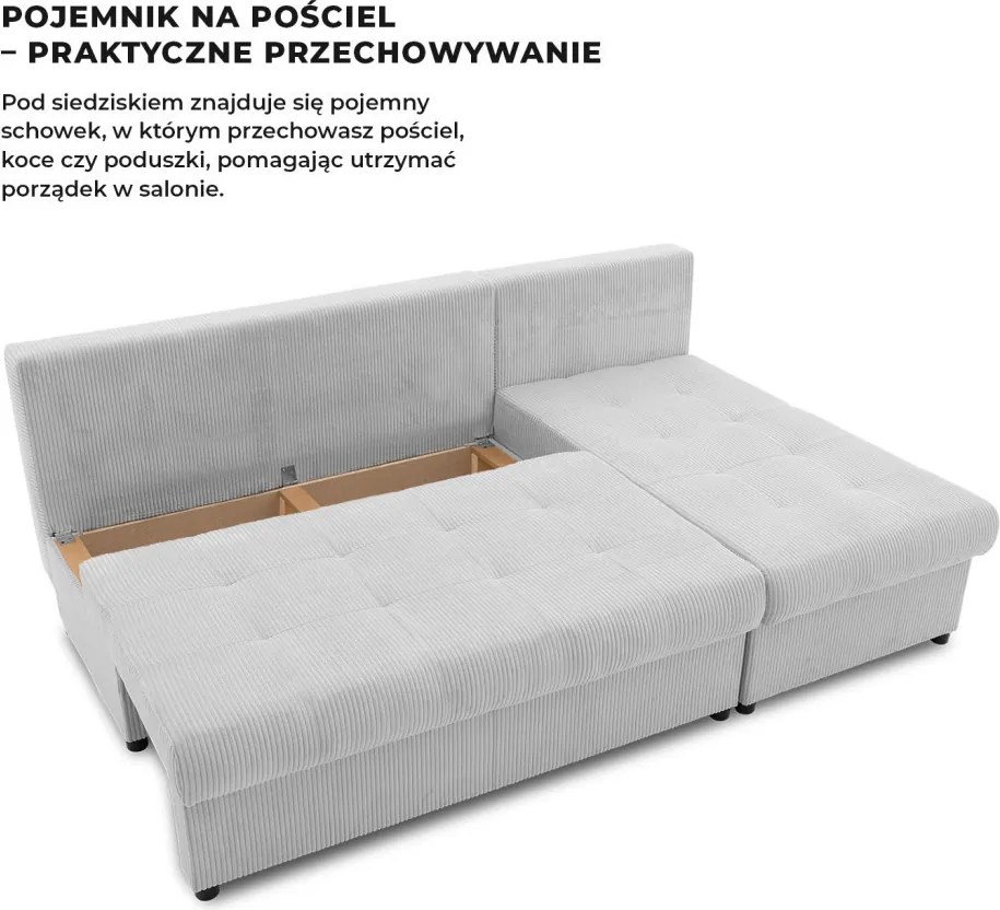 Venezia sarokkanapé, 3 ágyneműtartóval, kordbársony, univerzális oldal, hab töltet, szürke