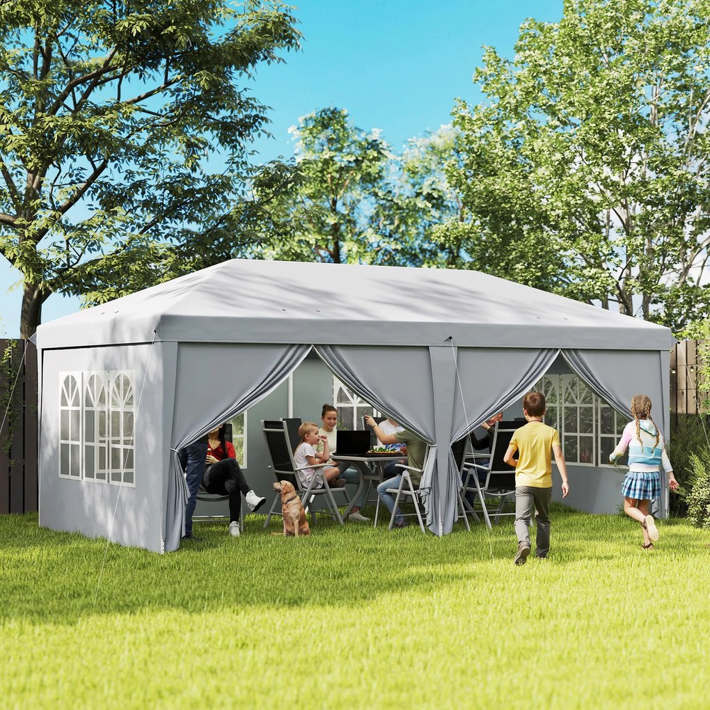 Outsunny Összehajtható Kerti Pavilon 6 x 3 m Kültéri Gyorsan Felállítható Vízálló Pavilon 4 Kihajtható Oldalfallal 4 Ablakkal + Hordtáska Világosszürk