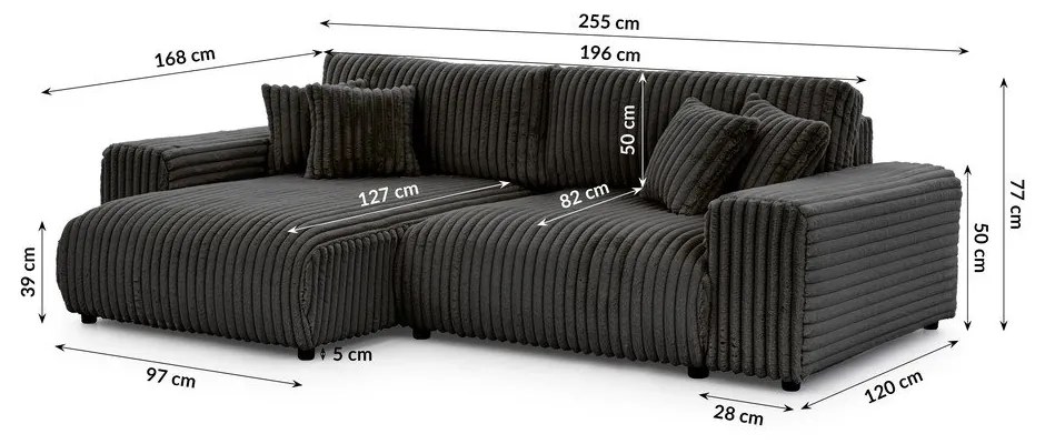 Sötétszürke kordbársony kinyitható-tárolóhelyes sarokkanapé (bal oldali) Sarina – Ropez