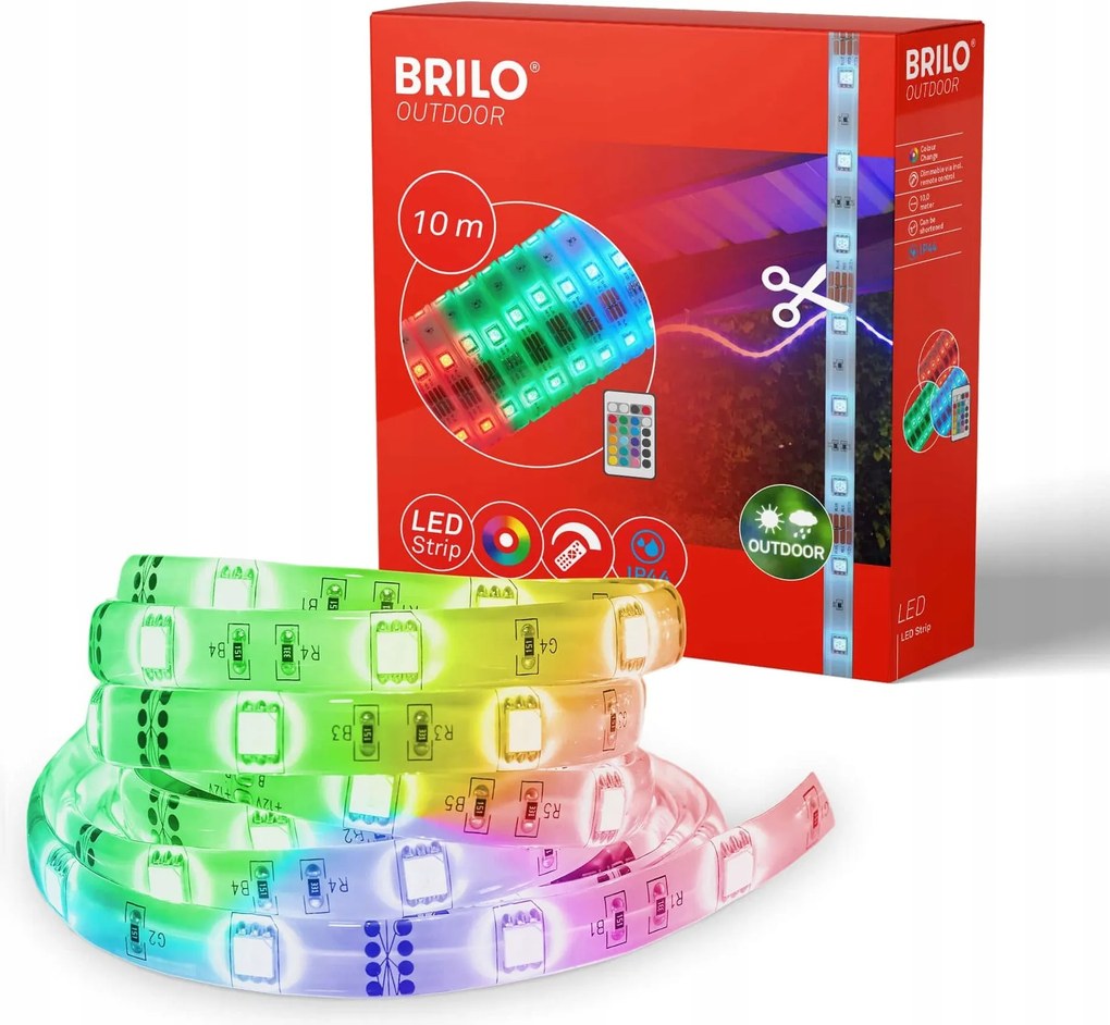 Briloner Rgb Led szalag 10 m, IP44, távirányítóval, fényerő-szabályozható
