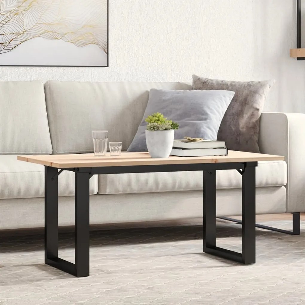 Tömör fenyőfa és acél dohányzóasztal O-vázzal 90x40x45 cm
