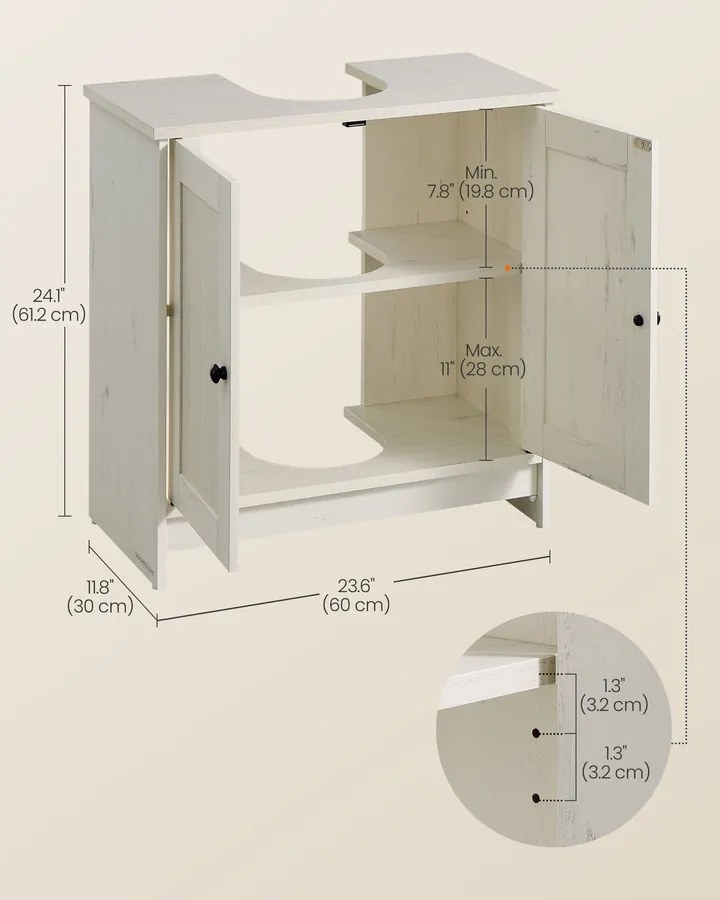 Rusztikus fehér mosdó alatti szekrény állítható polccal, szerszám nélkül