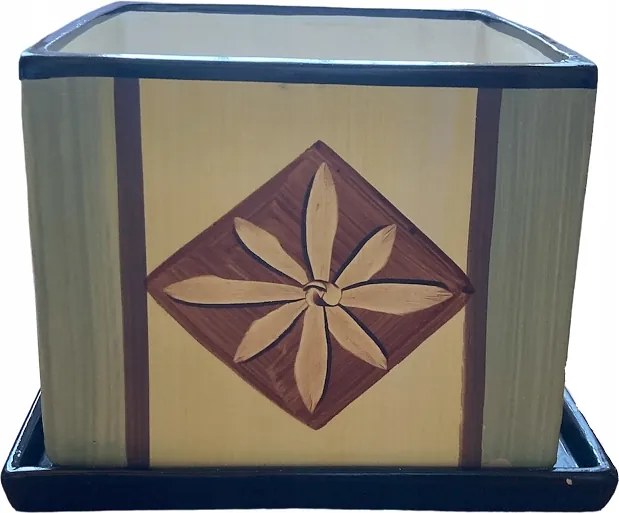 Kis Virágmintás Négyzet Cserép Alátéttel 23CM Sárga Kék