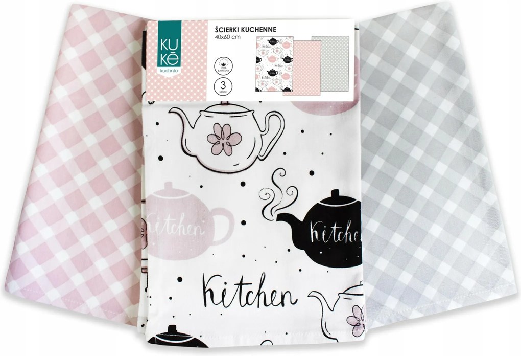 Konyhai törlőkendő szett 3 db 40x60 Kuke vízforraló rózsaszín fekete Faro