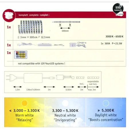 Paulmann 70624 - LED/20W állítható fényerő, MAXLED szalag 3m 230V + távirányító