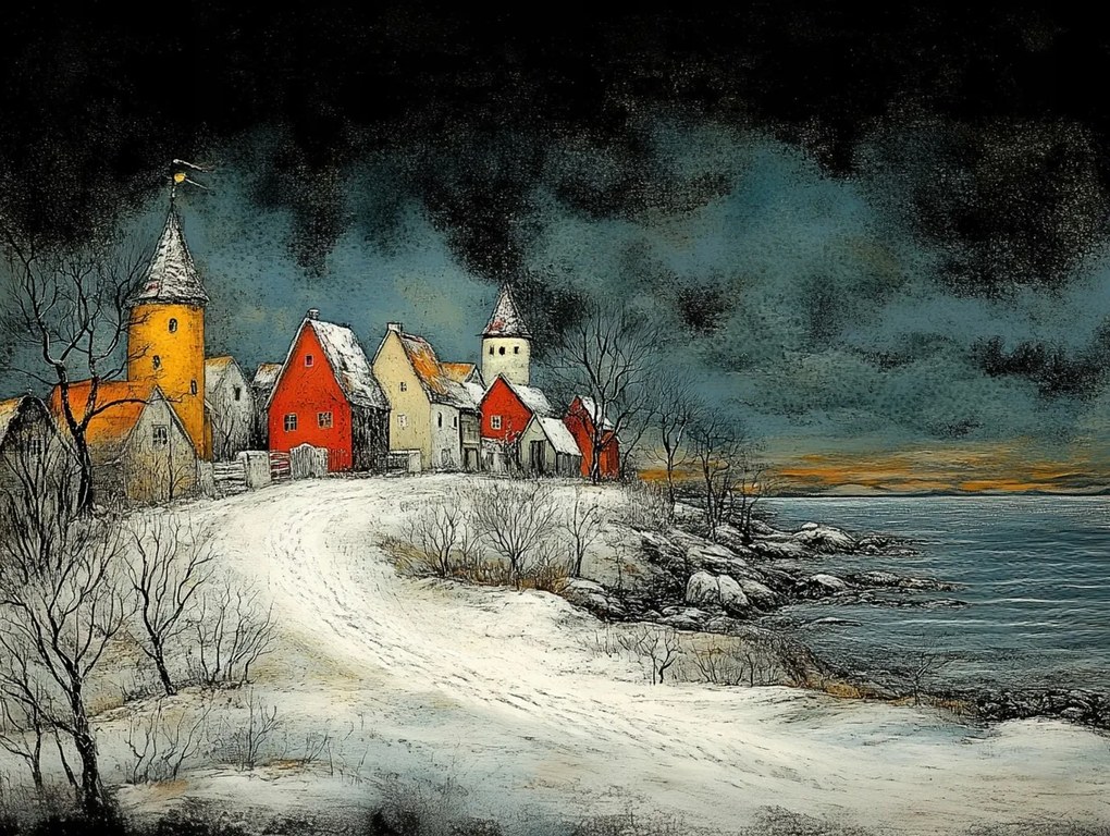 Vászonkép Canvas Grafika Tájkép Tengerpart Város Este 80x60