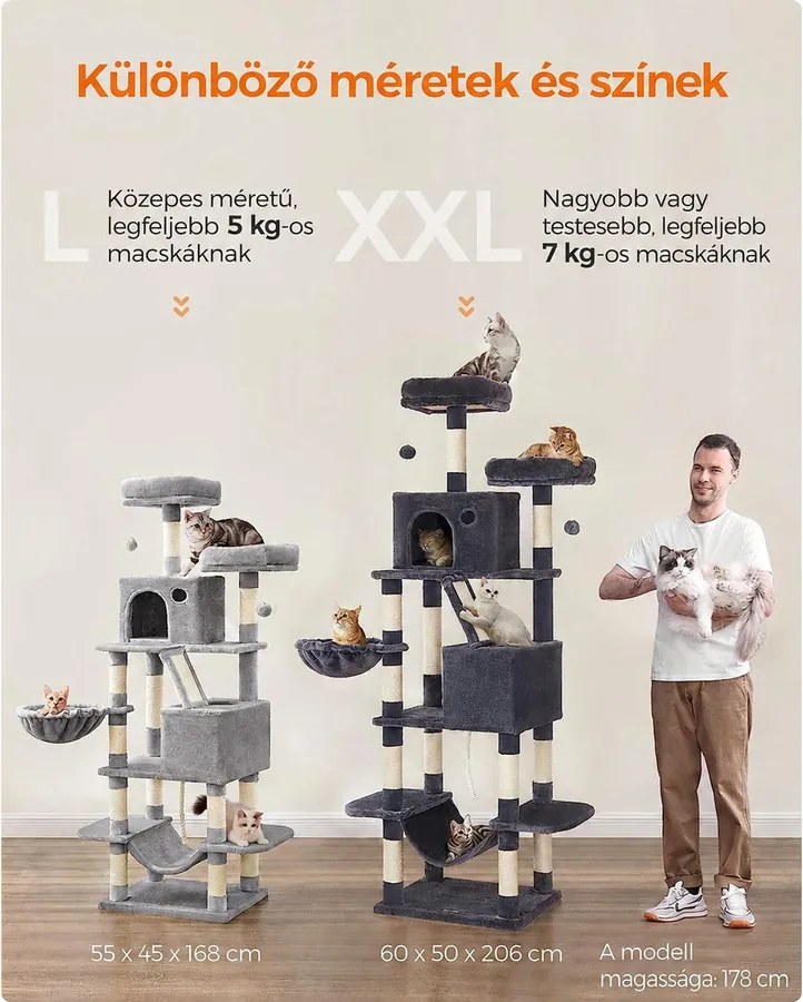 FEANDREA M-es macskafa 168 cm, 13 kaparóoszloppal, 2 barlanggal, kosárral és függőággyal, füstszürke