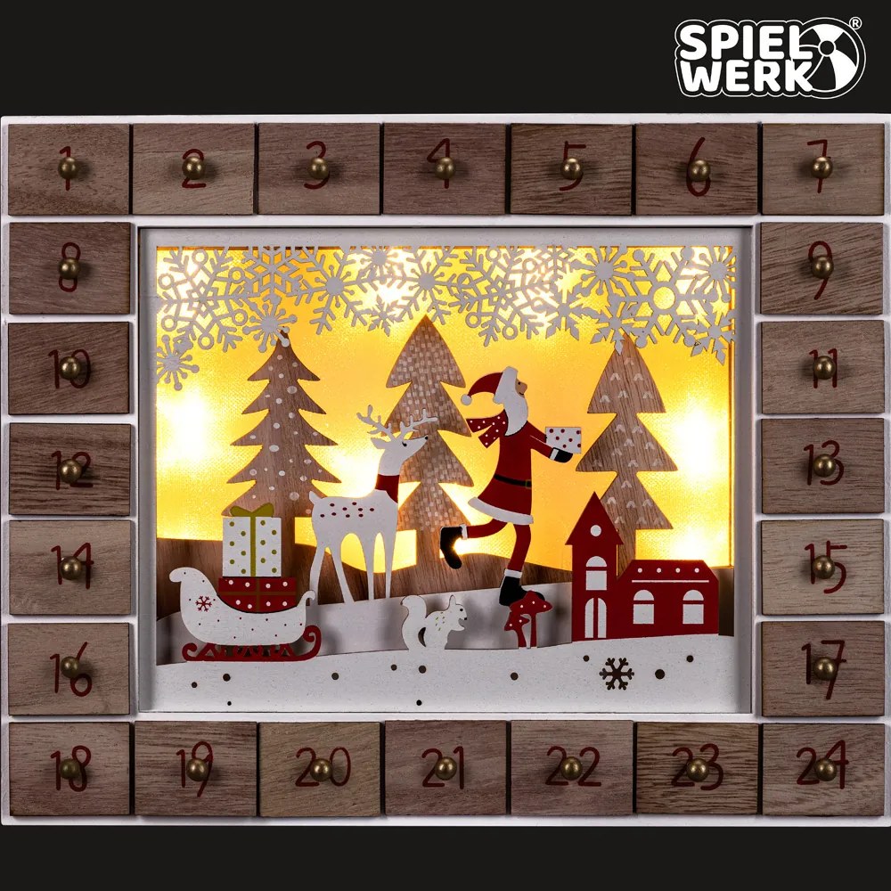 SANTA CLAUS fa adventi naptár világítással, 35x6x27cm, fehér/barna Spielwerk