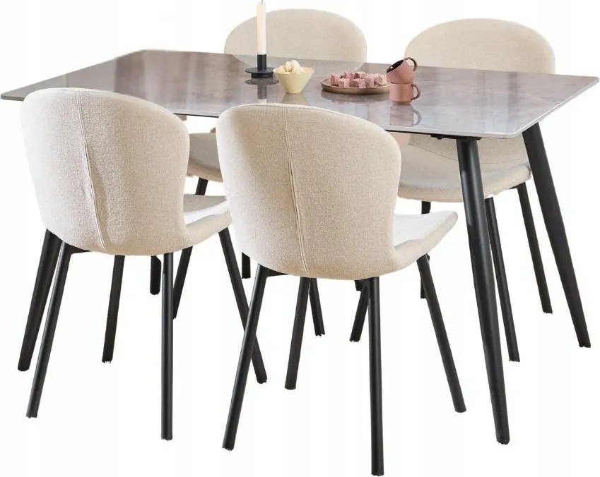 Szürke színű kerámia asztal és 4 db bézs szövettel kárpitozott szék