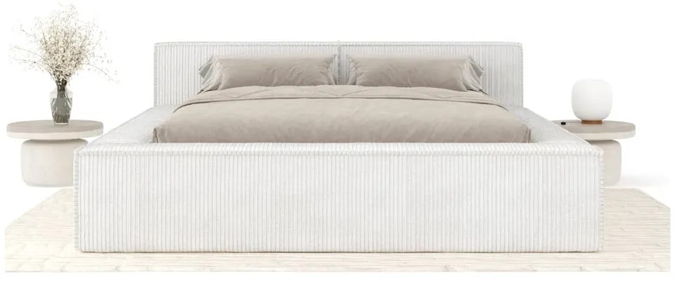 Krémszínű kárpitozott ágyneműtartós franciaágy ágyráccsal 200x200 cm Voliera – Maison de Rêve