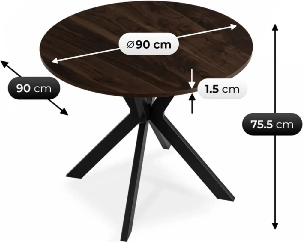 Kerek Étkezőasztal Dió/Fekete Színben LAUREN 90 cm
