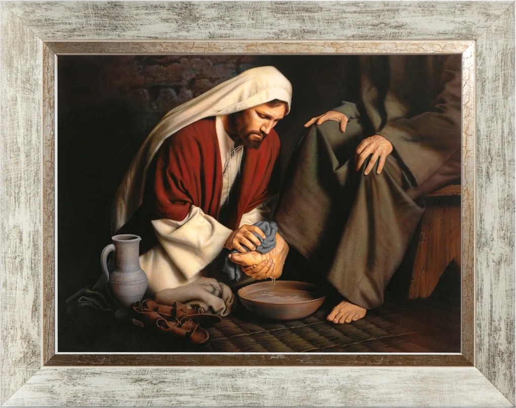 Jézus, Aki Megmossa A Lábát Vallásos Vászonkép Fehér Keretben 30X40