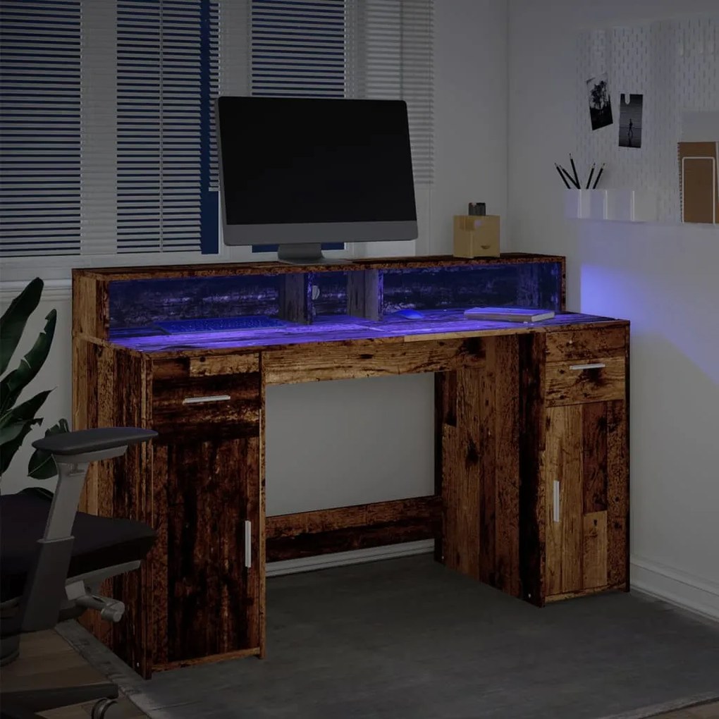 antik fa színű szerelt fa íróasztal LED-ekkel 140 x 55 x 91 cm