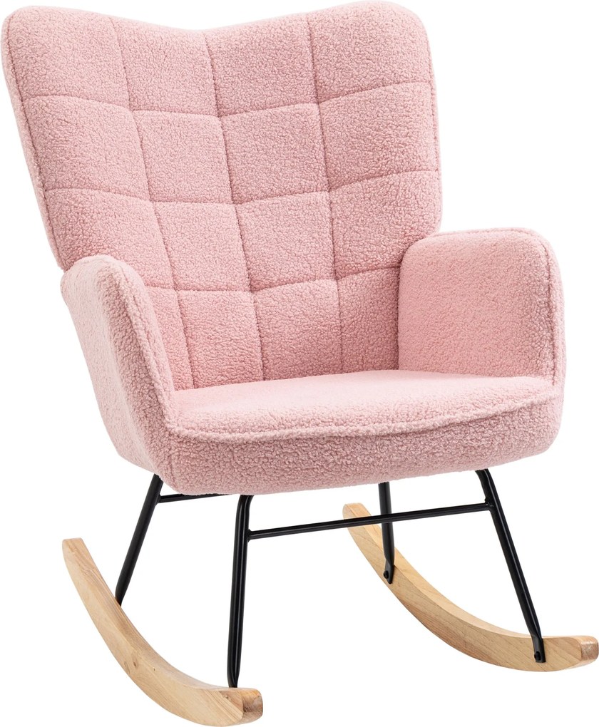 HOMCOM hintafotel — steppelt berber plüss megjelenés, párnázott karosszék fa hintalábakkal nappaliba és hálószobába, 120 kg, rózsaszín | Aosom