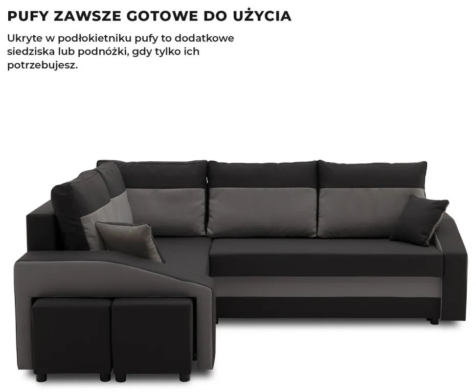 Grande sarokkanapé polcokkal és puffokkal , polc a jobb karfaban puffok a bal karfaban, baloldali, szövet anyag, bonell töltet, fekete - szürke