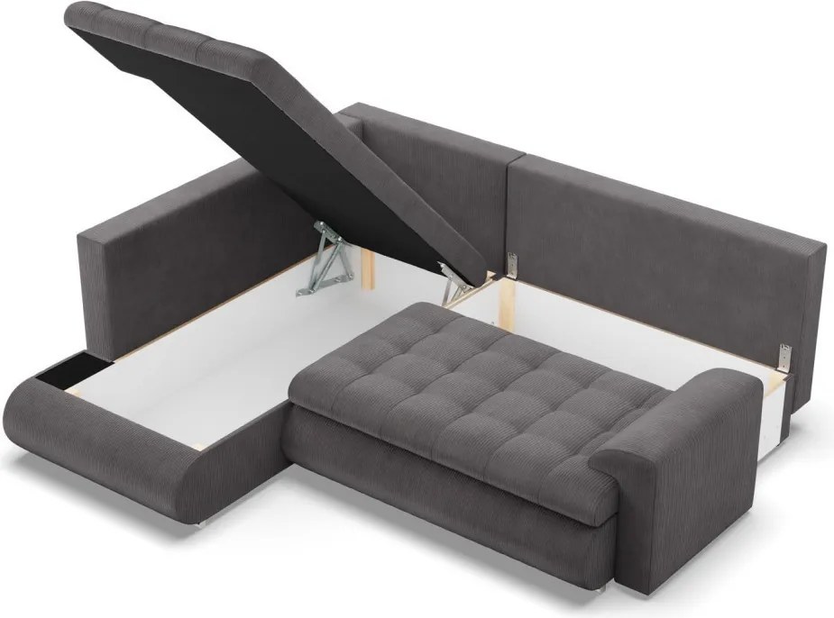 Tokio sarokkanapé, L alakú háttámlával, 2 ágyneműtartóval, kordbársony, baloldali, szürke