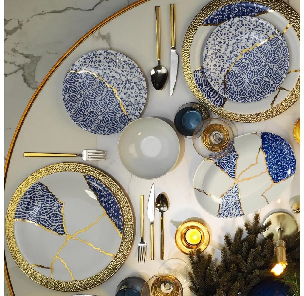 28 darabos porcelán étkészlet – fehér/arany/kék