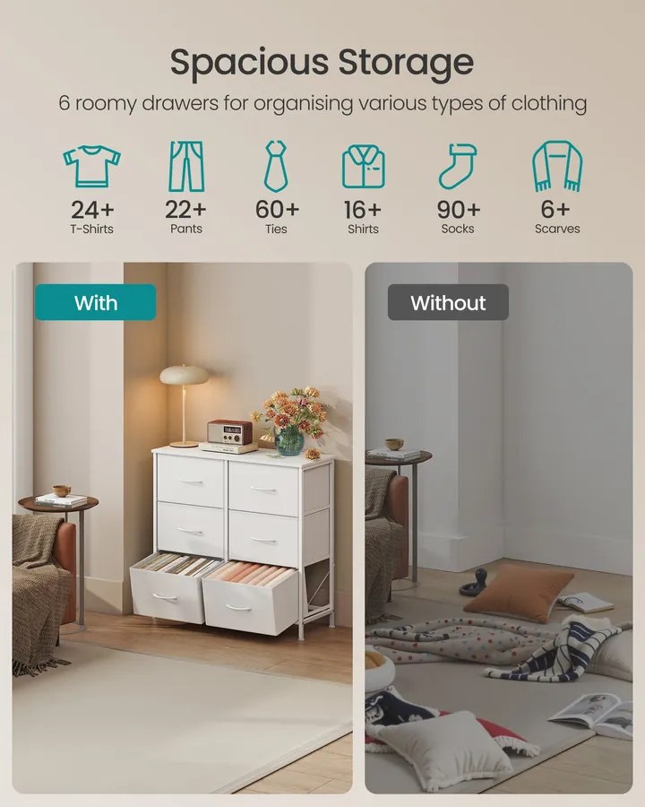 BELLAH kollekció - Modern komód, fiókos szekrény 6 fiókkal, felhőfehér színben