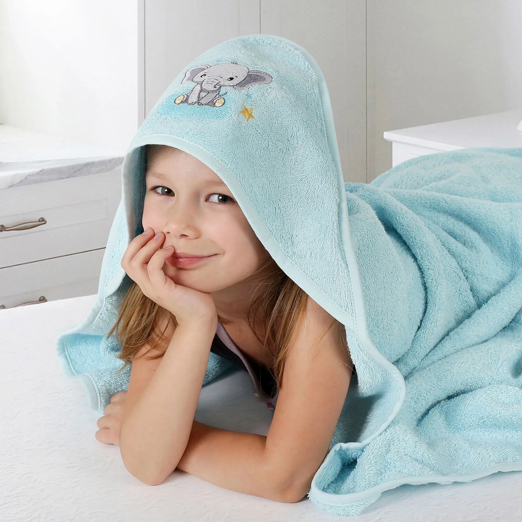 Goldea gyermek frottír fördőlepedő csuklyás - kék alapon elefánt 100 x 100 cm