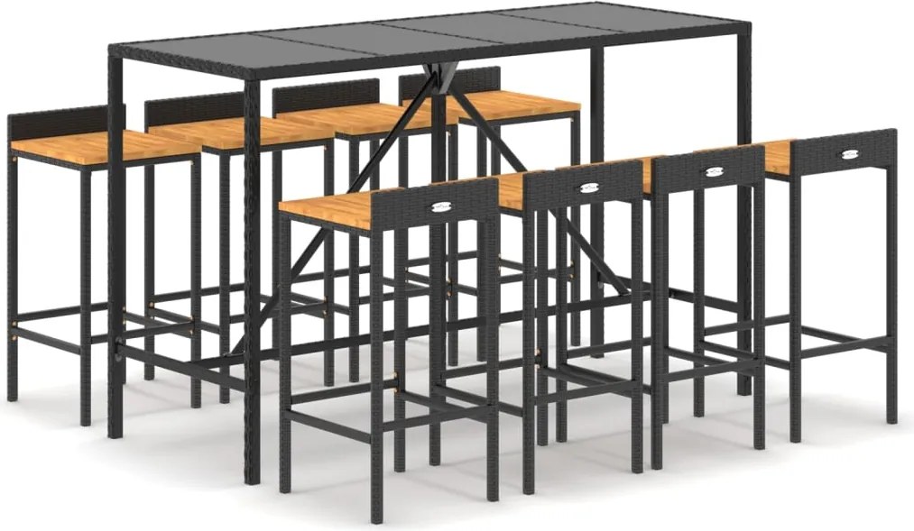 vidaXL 9 részes fekete polyrattan és tömör akácfa kerti bárszett