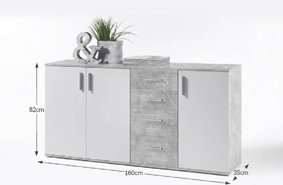 Komód, fehér/beton, POPPY 3