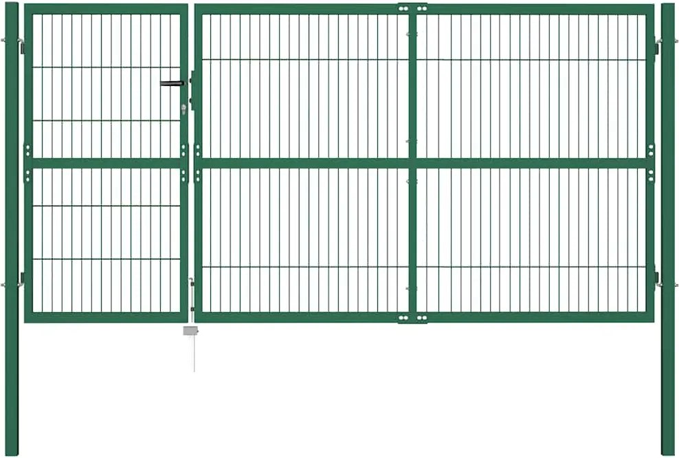 vidaXL zöld acélkerítés kerítéskapu oszlopokkal 350 x 140 cm