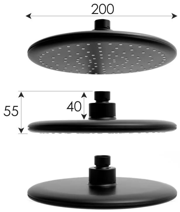 Erga Enza, zuhanygarnitúra termosztatikus csapteleppel és esőfejjel 20cm, fekete matt, ERG-YKA-BP.ENZA20-BLK