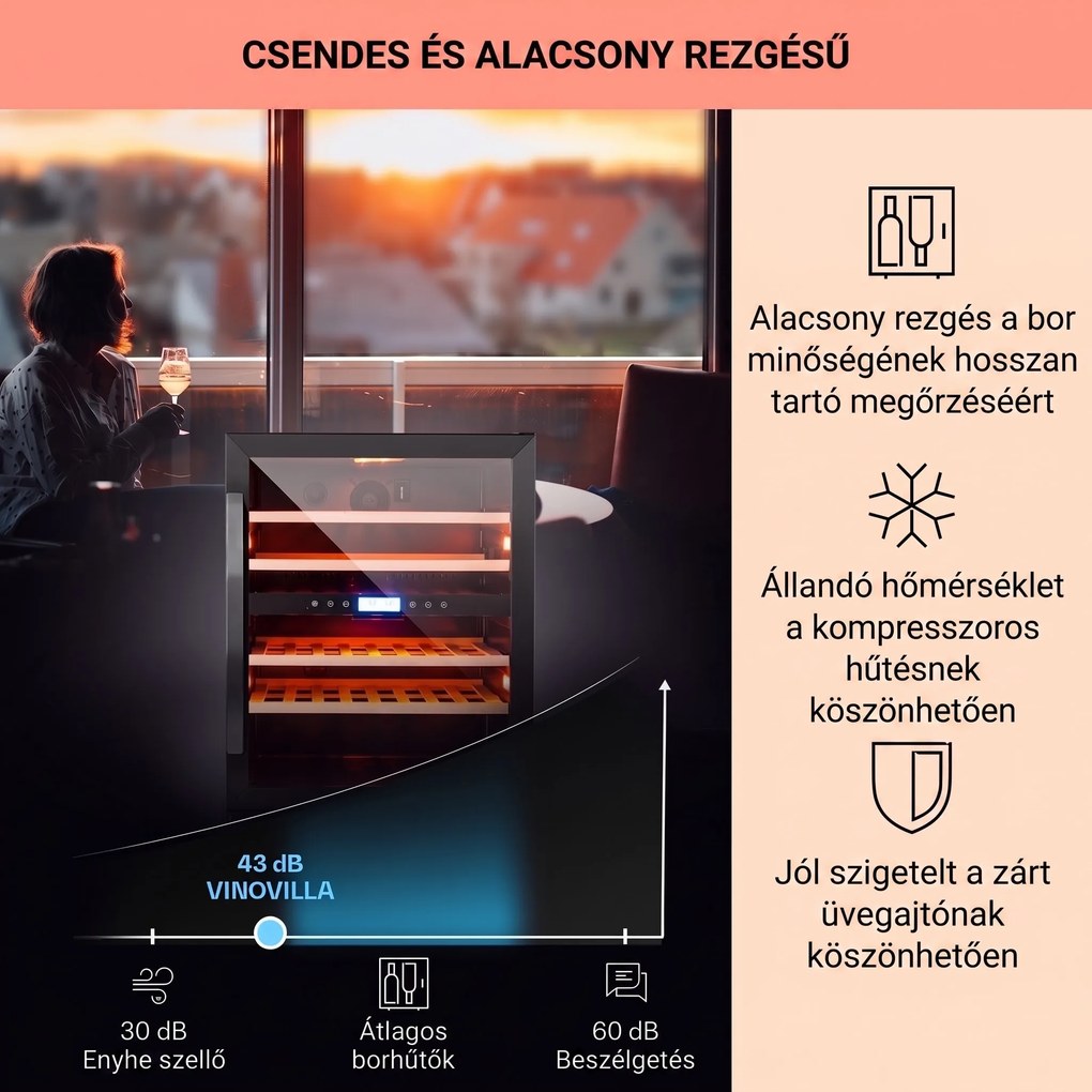 Klarstein Vinovilla Onyx 43, kétzónás borhűtő, 129 liter, 43 palack, 3 színű LED világítás