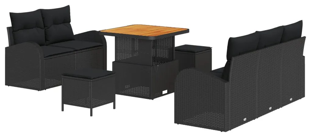 8 darabos kert kanapé szett párnákkal fekete poli rattan akácia
