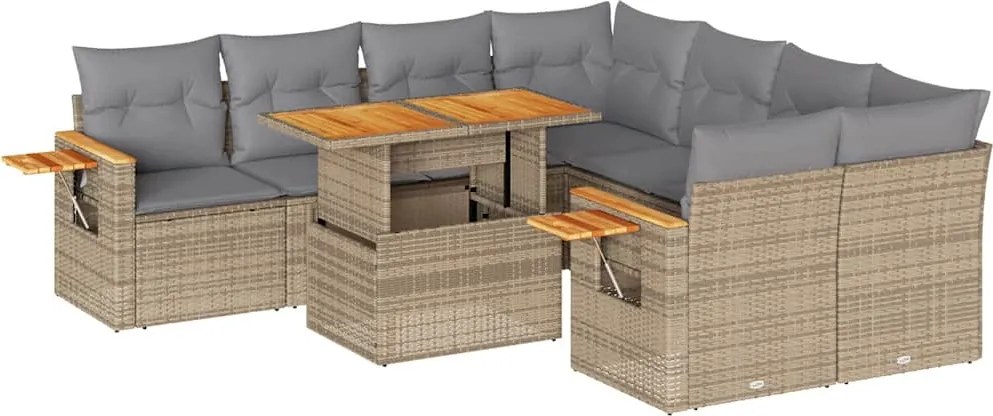 vidaXL 9 részes bézs polyrattan akácfa kerti ülőgarnitúra párnákkal