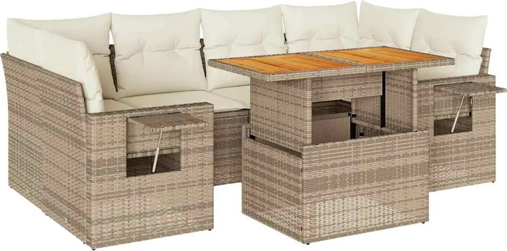 vidaXL 7 részes bézs polyrattan kerti ülőgarnitúra párnákkal
